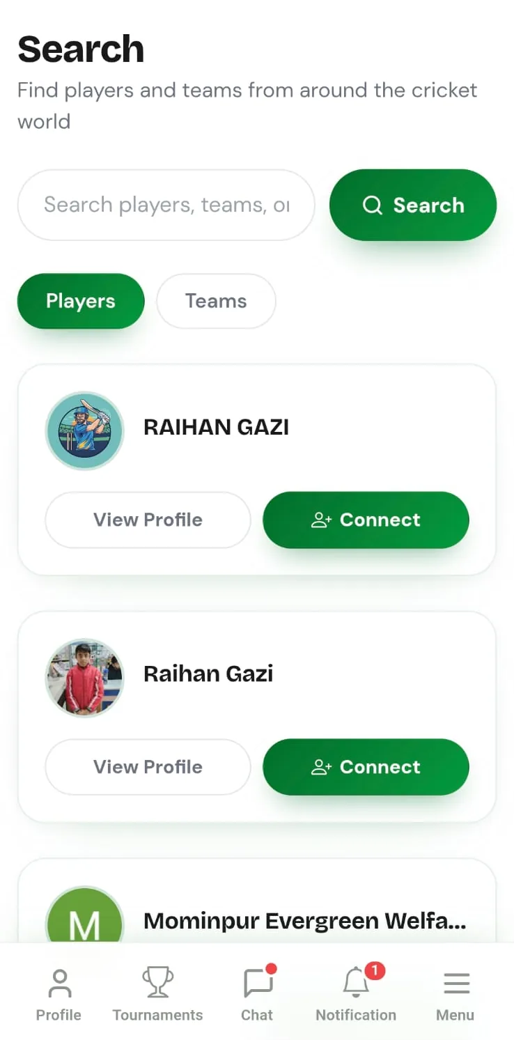 Discovering cricket players and teams near you on CricFight