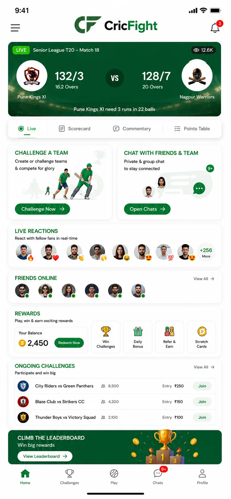 CricFight — connect with players, challenge local rivals, score matches live, react in real time, and earn rewards