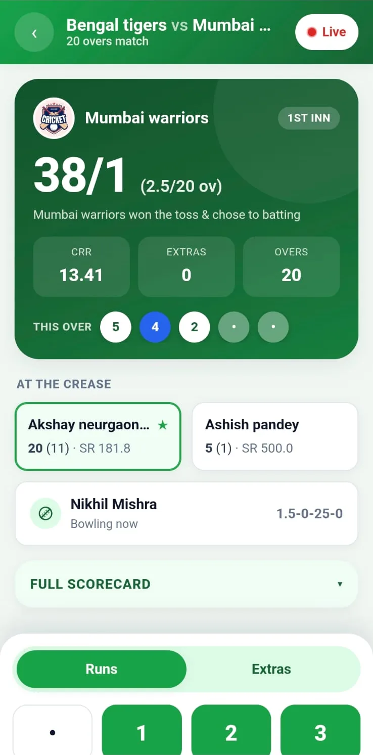 Scoring a tennis-ball cricket match live ball by ball on CricFight