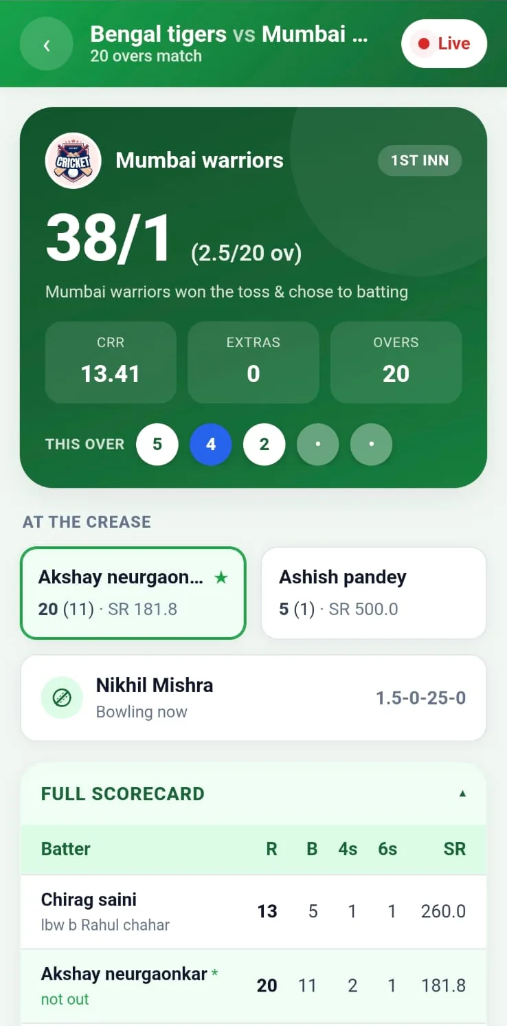 A free, professional live cricket scorecard on CricFight with no ads